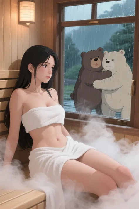 woman in sauna and two bears under the rain