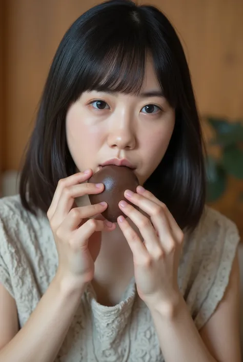  High resolution photo of a Japanese woman in a dress   , she has dildos that look like black people's penises .  A woman sucks a dildo while looking at the camera , masterpiece, best quality, film-like lighting, super real, complicated details, 8k,