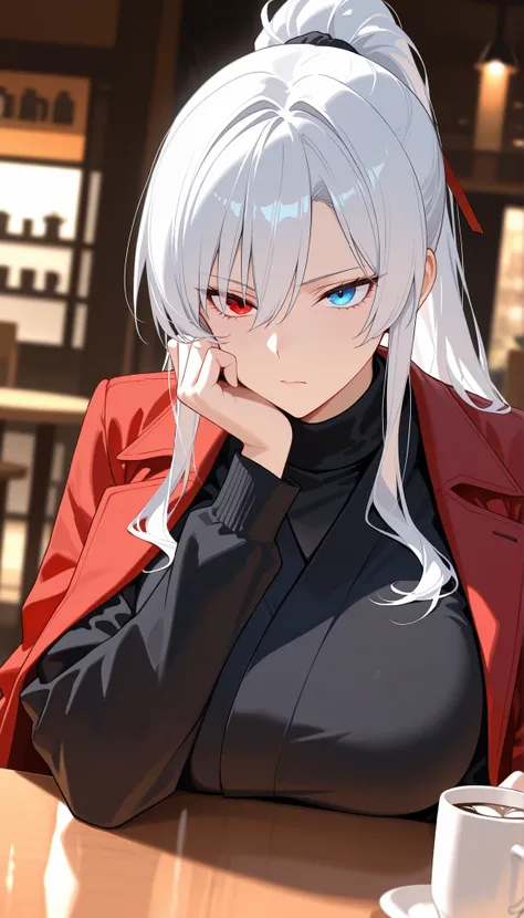 best quality, masterpiece, absurdres, 1girl, solo, heterochromia, red_eye, blue_eye, white_hair, long_sleeves, large_breasts, tall, mature_female, long_hair, red_coat, open_coat, black_kimono, hair_over_one_eye, tsurime, turtleneck, formal_clothes, Japanes...