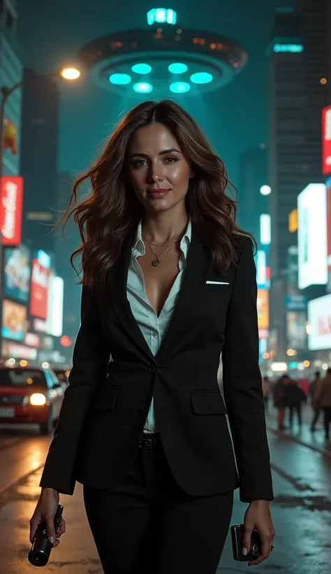 (low-angle perspective:1.6), (medium-shot:1.8), fearless FBI agent in black suit (voluptuous cleavage, white V-neck blouse), official FBI logo patch on the left chest, gripping an iPhone 15 Pro Max and tactical flashlight, the flashlight is on, (hyper-real...