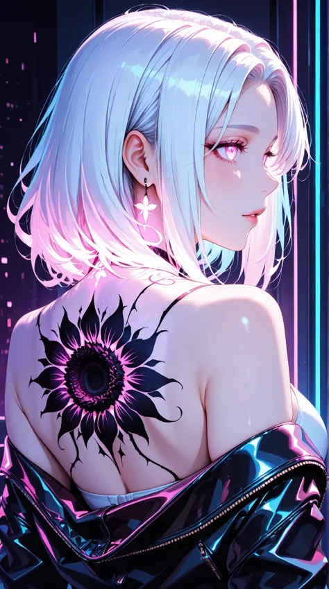 A close-up, vibrant portrait of a woman with long, glowing white hair, highlighted by a neon light effect. Her skin, dark tones with a subtle sheen, a detailed sunflower tattoo on her back, and a stylish leather jacket, emulate the art style of a stylized...