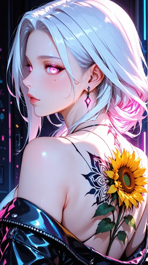 A close-up, vibrant portrait of a woman with long, glowing white hair, highlighted by a neon light effect. Her skin, dark tones with a subtle sheen, a detailed sunflower tattoo on her back, and a stylish leather jacket, emulate the art style of a stylized...