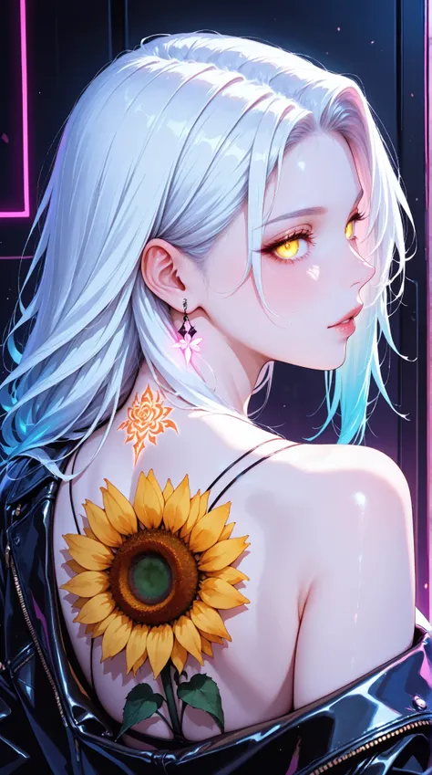 A close-up, vibrant portrait of a woman with long, glowing white hair, highlighted by a neon light effect.  Her skin, dark tones with a subtle sheen, a detailed sunflower tattoo on her back, and a stylish leather jacket, emulate the art style of a stylized...