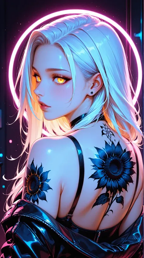 A close-up, vibrant portrait of a woman with long, glowing white hair, highlighted by a neon light effect. Her skin, dark tones with a subtle sheen, a detailed sunflower tattoo on her back, and a stylish leather jacket, emulate the art style of a stylized...