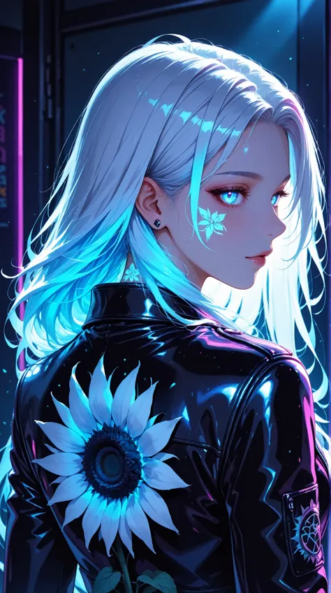 A close-up, vibrant portrait of a woman with long, glowing white hair, highlighted by a neon light effect. Her skin, dark tones with a subtle sheen, a detailed sunflower tattoo on her back, and a stylish leather jacket, emulate the art style of a stylized...