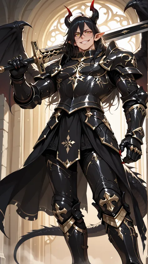 (masterpiece, best quality: 1. 5), highres, 8K, CG, (((Anime))), (1 male), lean body, (masculine), (floating in the air), weredragon, japanese anime style, glossy black, shiny black leather, ((beautiful golden eyes, finely detailed eyes, bright eyes, verti...