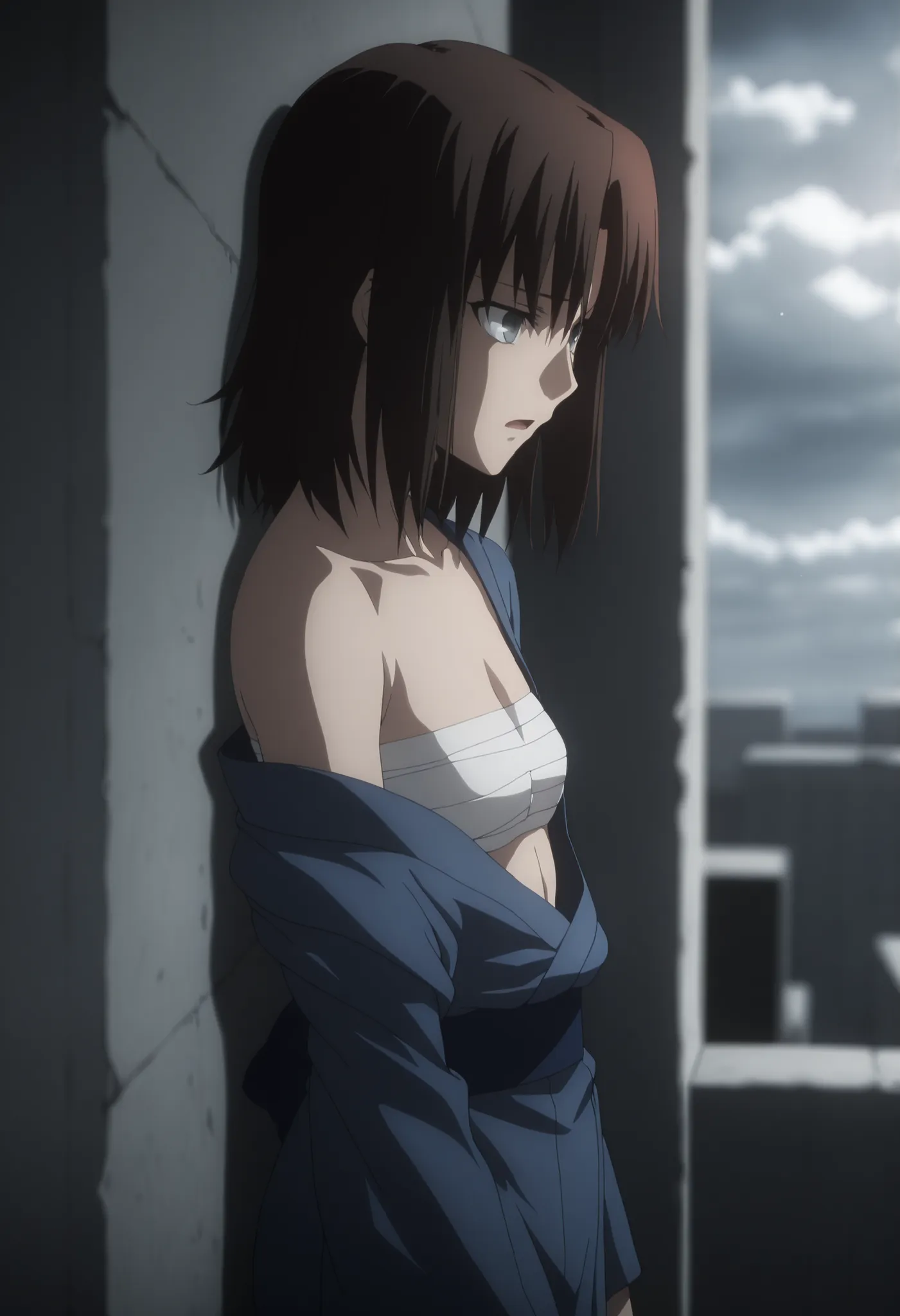 masterpiece, best quality, amazing quality, highres, absurdres, very aesthetic, high resolution, ultra detailed, perfect details, solo, midnight, indoors, ufotable style,  (ruined office, cloudy, rainy), , (lens flare, blurry background, ), backlight, from...