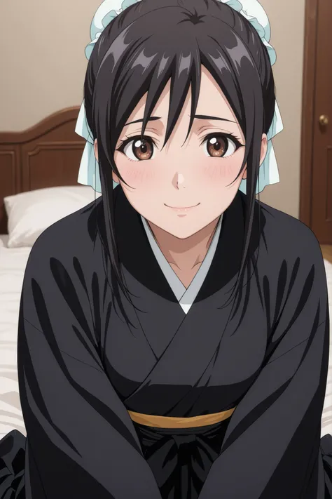 1 girl, momo hinamori, black hair, simple bun, bun cape, brown eyes, japanese clothes, black hakama, hakama skirt, black kimono, shy smile, attractive, looking at viewer, in bedroom, in love