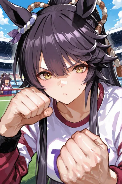 masterpiece、Narita Brian(Uma Musume)、Biwa Hayahide(Uma Musume)High Quality、4K、2 girls、stadium、Clothes、line up、fist pose、Flushed face、ARTSTYLE_OnePiece_MangaColored _ownwaifu