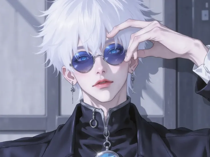 ((점수_9,점수_8_위로)), GOJO SATURO, Portrait of Gojo Satoru from "Jujutsu Kaisen", upper body only, facing forward with a calm and confident expression. White hair, blue sunglasses, wearing a high-collared black uniform. anime style, detailed lighting, soft sha...