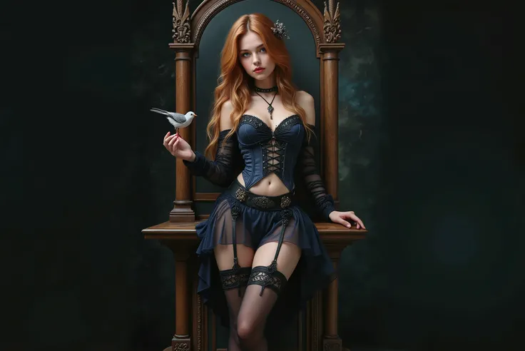 High quality and high definition photo. there is slender young European woman staying by a throne with a bird in her hand, gothic fantasy, gothic fantasy art, pretty gothic maiden, gothic aesthetic, fantasy outfit, blue corset, cute gothic girl, dark fanta...