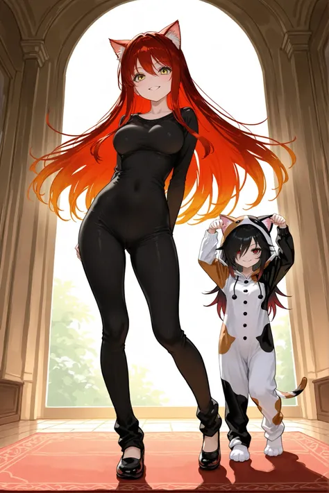 2girls,full body, full smile, at home, active pose, Calico Cat Pajamas, Tri-color cat onesie with soft fur patterns, duo focus BREAK 1 girl , golden eyes , very long hair , long sidelocks, red hair , petite , very cute , beautiful ,Straight hair, cool, han...