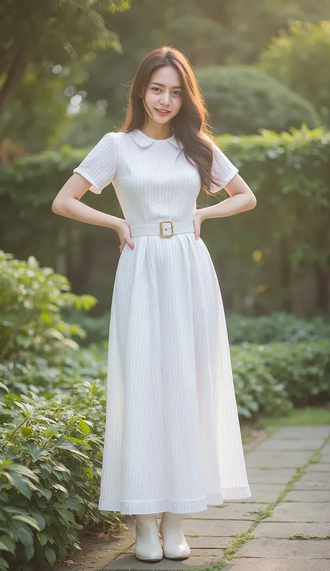 (8k、RAW Photos、Highest quality、masterpiece:1.2)、(Realistic、Realistic)、1 Girl、wide smile ((white Floor-length gown Dress with line pattern、Skin visible、wavy long brown Hair、boots、garden、View from the front、Looking at the camera、belt、Hands on your hips))、cut...