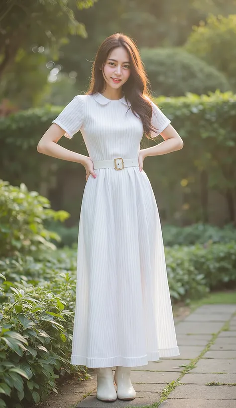 (8k、RAW Photos、Highest quality、masterpiece:1.2)、(Realistic、Realistic)、1 Girl、wide smile ((white Floor-length gown Dress with line pattern、Skin visible、wavy long brown Hair、boots、garden、View from the front、Looking at the camera、belt、Hands on your hips))、cut...