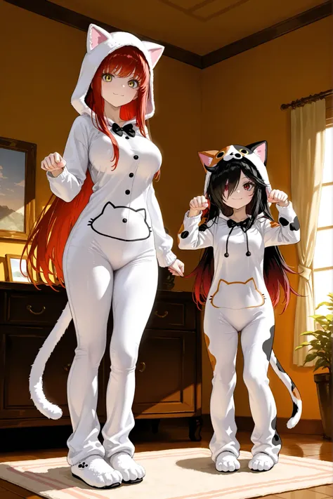 2girls,full body, full smile, at home, active pose, Calico Cat Pajamas, Tri-color cat onesie with soft fur patterns, duo focus BREAK 1 girl , golden eyes , very long hair , long sidelocks, red hair , petite , very cute , beautiful ,Straight hair, cool, han...