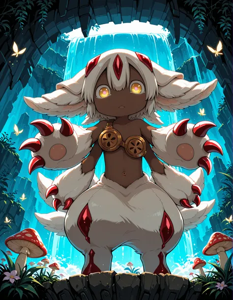solo, faputa,dark-skinned female, white hair, extra arms, white fur, multiple tails, claws, looking down at viewer, under surface view, low-angle view, reaching towards viewer, glowing eyes, BREAK, masterpiece, best quality, made in abyss, restricted palet...