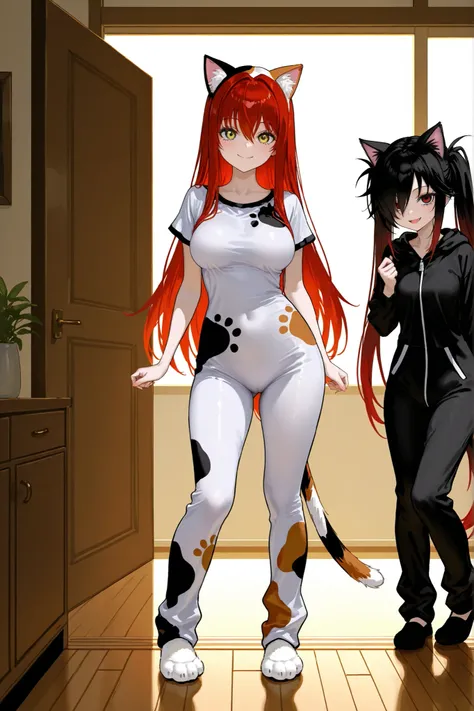 2girls,full body, full smile, at home, active pose, Calico Cat Pajamas, Tri-color cat onesie with soft fur patterns, duo focus BREAK 1 girl , golden eyes , very long hair , long sidelocks, red hair , petite , very cute , beautiful ,Straight hair, cool, han...
