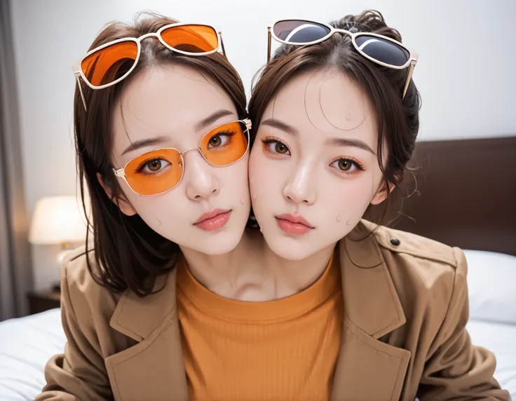 best resolution, anime woman with two heads, conjoined, brown jacket , coat , collarbone , eyewear on head , jacket , long sleeves , orange-tinted eyewear , pants , ribbed shirt , shirt , sunglasses , tinted eyewear , on bed , bent over , looking at viewer...