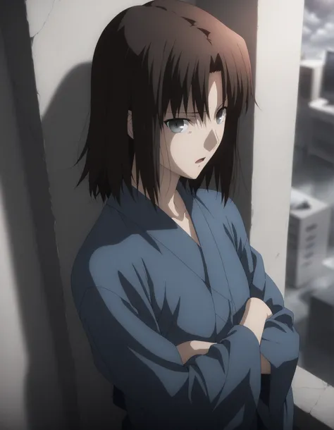 masterpiece, best quality, amazing quality, highres, absurdres, very aesthetic, high resolution, ultra detailed, perfect details, solo, midnight, indoors, ufotable style,  (ruined office, cloudy, rainy), , (lens flare, blurry background, ), backlight, from...
