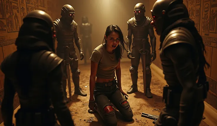 A dramatic cinematic widescreen full-lens scene (16:9), ultra-detailed, full-body top side-angle view of a terrified 25-year-old European woman resembling Lara Croft, dark hair in ponytail. The woman is kneeling, afraid, turning her head sharply over her s...