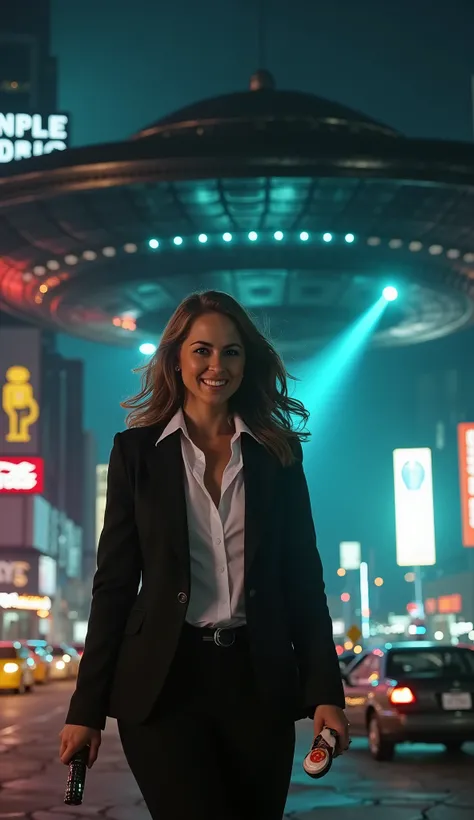 (low-angle perspective:1.6), (medium-shot:1.8), fearless FBI agent in black suit (voluptuous cleavage, white V-neck blouse), official FBI logo patch on the left chest, gripping an iPhone 15 Pro Max and tactical flashlight, the flashlight is on, (hyper-real...
