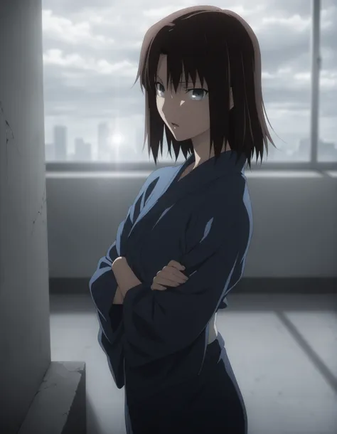 masterpiece, best quality, amazing quality, highres, absurdres, very aesthetic, high resolution, ultra detailed, perfect details, solo, midnight, indoors, ufotable style,  (ruined office, cloudy, rainy), , (lens flare, blurry background, ), backlight, from...