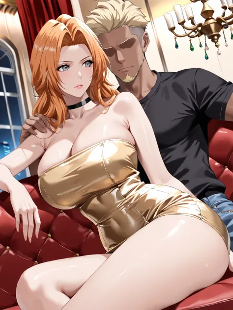 (masterpiece,best quality:1.4),16k,detailed skin,detailed face,detailed eyes,beautiful face,ideal ratio body proportions,BREAK,1woman,rangiku matsumoto,long hair,grey eyes,orange hair,parted bangs,(tall,slender,huge breasts,huge ass),BREAK,(ruanyi1025,blac...