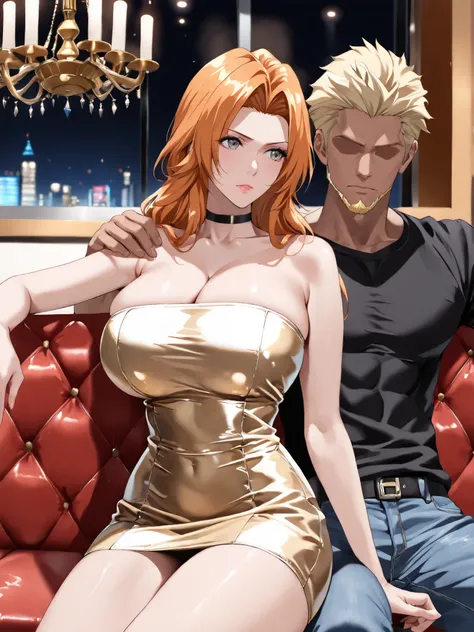 (masterpiece,best quality:1.4),16k,detailed skin,detailed face,detailed eyes,beautiful face,ideal ratio body proportions,BREAK,1woman,rangiku matsumoto,long hair,grey eyes,orange hair,parted bangs,(tall,slender,huge breasts,huge ass),BREAK,(ruanyi1025,blac...