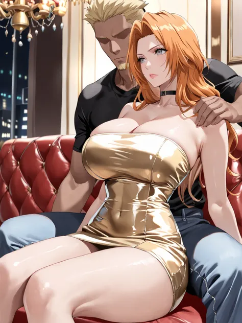 (masterpiece,best quality:1.4),16k,detailed skin,detailed face,detailed eyes,beautiful face,ideal ratio body proportions,BREAK,1woman,rangiku matsumoto,long hair,grey eyes,orange hair,parted bangs,(tall,slender,huge breasts,huge ass),BREAK,(ruanyi1025,blac...