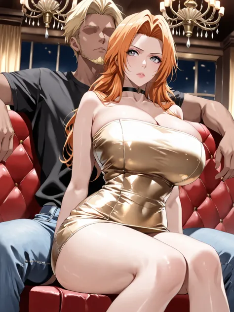 (masterpiece,best quality:1.4),16k,detailed skin,detailed face,detailed eyes,beautiful face,ideal ratio body proportions,BREAK,1woman,rangiku matsumoto,long hair,grey eyes,orange hair,parted bangs,(tall,slender,huge breasts,huge ass),BREAK,(ruanyi1025,blac...