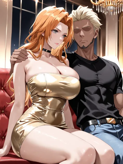 (masterpiece,best quality:1.4),16k,detailed skin,detailed face,detailed eyes,beautiful face,ideal ratio body proportions,BREAK,1woman,rangiku matsumoto,long hair,grey eyes,orange hair,parted bangs,(tall,slender,huge breasts,huge ass),BREAK,(ruanyi1025,blac...