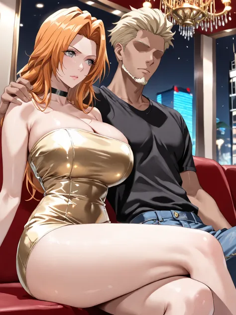 (masterpiece,best quality:1.4),16k,detailed skin,detailed face,detailed eyes,beautiful face,ideal ratio body proportions,BREAK,1woman,rangiku matsumoto,long hair,grey eyes,orange hair,parted bangs,(tall,slender,huge breasts,huge ass),BREAK,(ruanyi1025,blac...