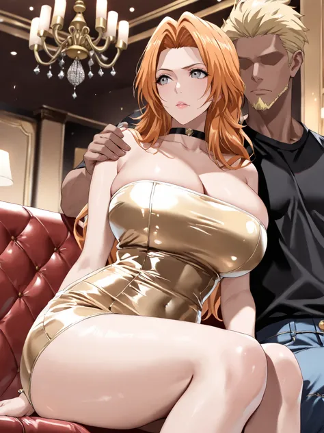 (masterpiece,best quality:1.4),16k,detailed skin,detailed face,detailed eyes,beautiful face,ideal ratio body proportions,BREAK,1woman,rangiku matsumoto,long hair,grey eyes,orange hair,parted bangs,(tall,slender,huge breasts,huge ass),BREAK,(ruanyi1025,blac...