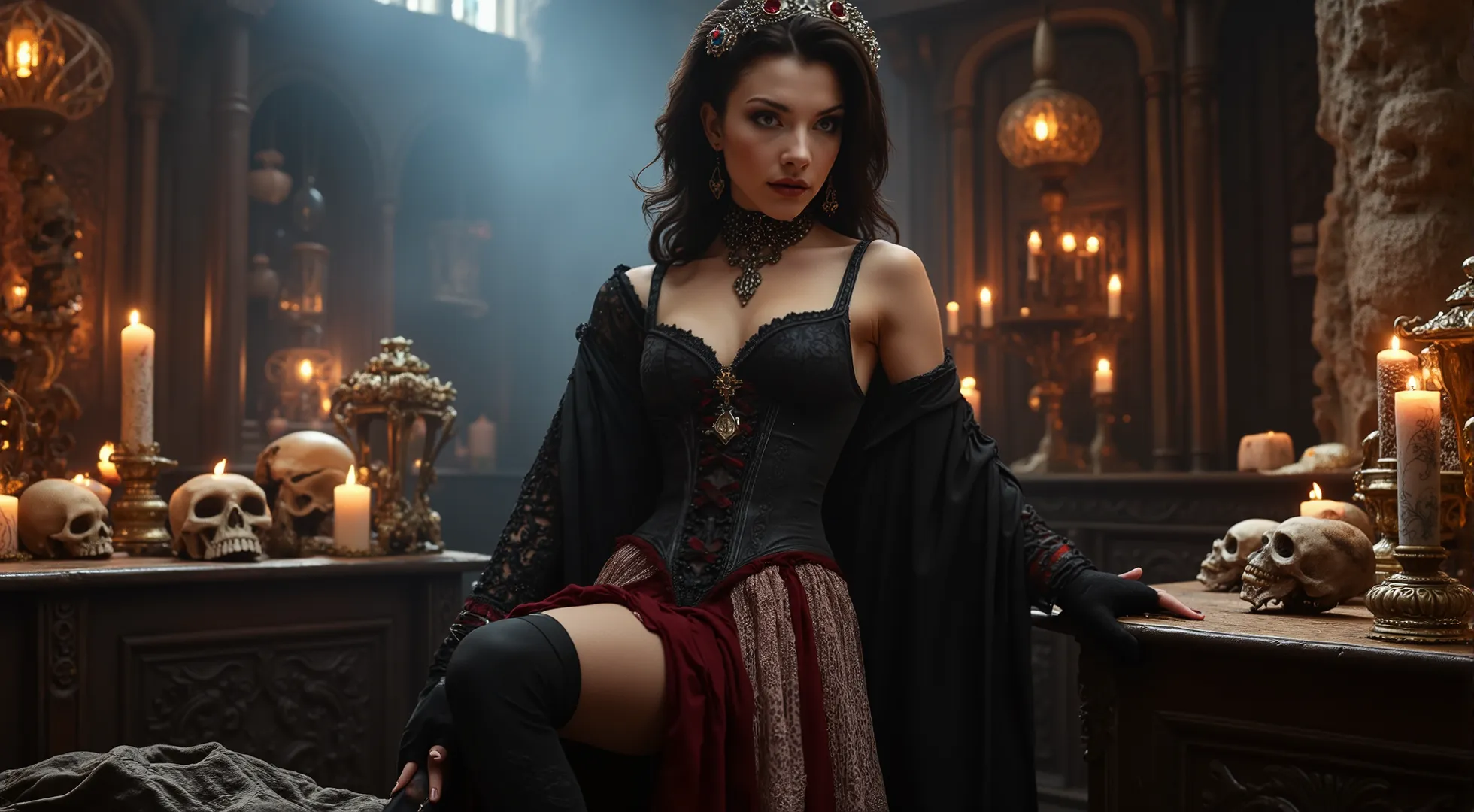 A strikingly beautiful gothic female vampire witch graces the scene, clad in a luxurious tight-fitting lace corset that accentuates her long, elegant legs. Her flowing cloak, adorned with intricate straps and shimmering red trim, drapes elegantly around he...