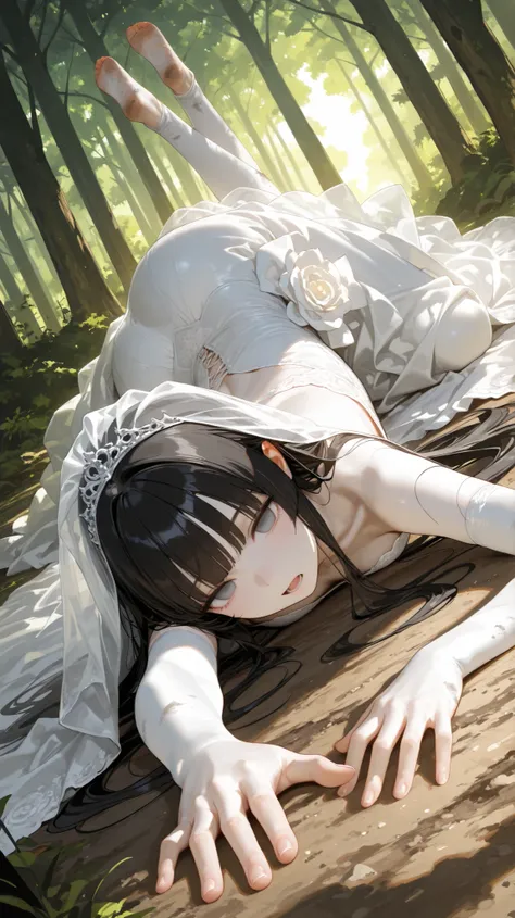 (sfw:1.5), (realistic), (masterpiece, Best Quality, High resolution, detail hands, detail fingers, detail face, detail leg, perfect lighting), (1girl, solo, detail girl, 20 years old girl), (black hair, longhair, blunt bang, gray eyes, white skin), (weddi...