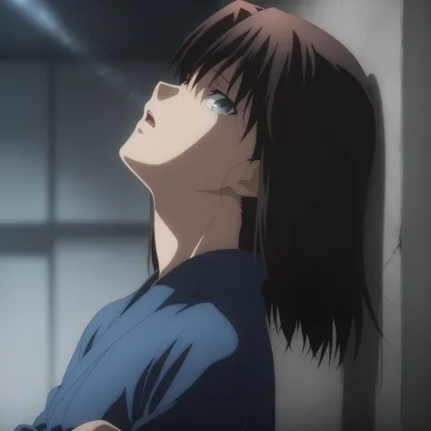 masterpiece, best quality, amazing quality, highres, absurdres, very aesthetic, high resolution, ultra detailed, perfect details, solo, midnight, indoors, ufotable style, (ruined office, cloudy, rainy), (lens flare, blurry background, ), backlight, from si...
