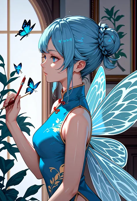 blue butterfly,painting,butterfly fairy,1girl,Chinese style,Side view