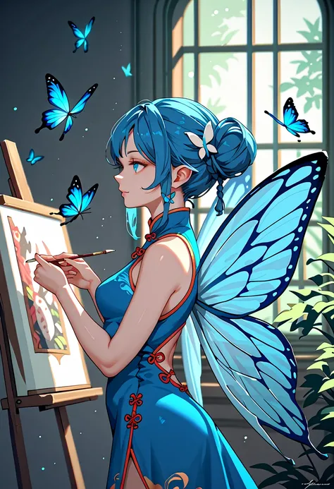 blue butterfly,painting,butterfly fairy,1girl,Chinese style,Side view