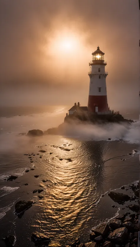 wide angle photo of a lighthouse , glowing in a dark night, ROH, ((dark night):1.3), ((Seemist):1.1), ((Tyndall effect):1.5), (( light penetrating fog )1.4), (( golden hour ):1.2), (finely detailliert waves), ( detailed light ), ( detailed mist ), (...