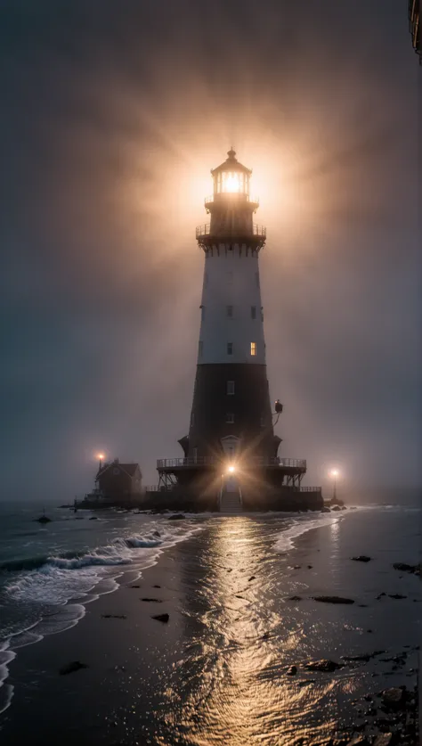 wide angle photo of a lighthouse , glowing in a dark night, ROH, ((dark night):1.3), ((Seemist):1.1), ((Tyndall effect):1.5), (( light penetrating fog )1.4), (( golden hour ):1.2), (finely detailliert waves), ( detailed light ), ( detailed mist ), (...