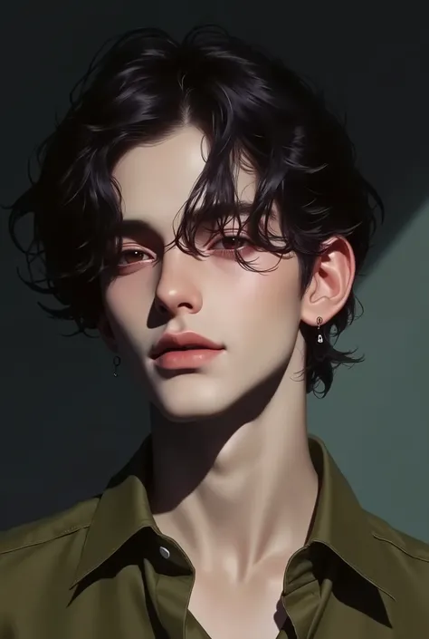 Realistic digital painting
Portrait of a young man
Moody, contemplative expression
Soft, natural lighting
Dark, messy hairstyle
Olive-green long-sleeved shirt
Handsome, elegant male character
Pale skin, subtle glow
Dark aesthetic, melancholic atmos...