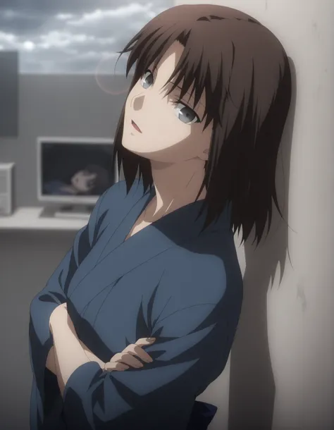 masterpiece, best quality, amazing quality, highres, absurdres, very aesthetic, high resolution, ultra detailed, perfect details, solo, midnight, indoors, ufotable style, (ruined office, cloudy, rainy), (lens flare, blurry background, ), backlight, from si...