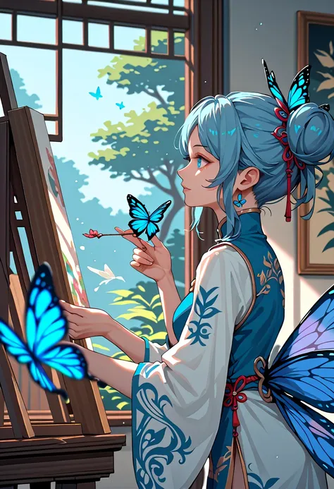 blue butterfly,painting,butterfly fairy,1girl,Chinese style,Side view