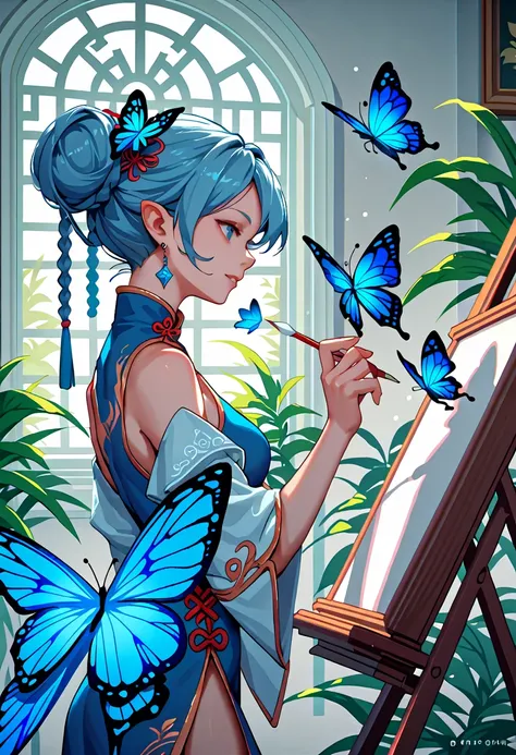 blue butterfly,painting,butterfly fairy,1girl,Chinese style,Side view