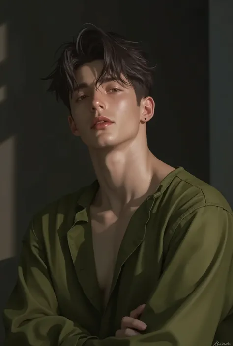 Realistic digital painting
Portrait of a young man
Moody, contemplative expression
Soft, natural lighting
Dark, messy hairstyle
Olive-green long-sleeved shirt
Handsome, elegant male character
Pale skin, subtle glow
Dark aesthetic, melancholic atmos...