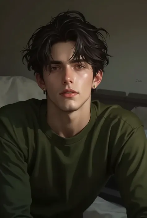 Realistic digital painting
Portrait of a young man
Moody, contemplative expression
Soft, natural lighting
Dark, messy hairstyle
Olive-green long-sleeved shirt
Handsome, elegant male character
Pale skin, subtle glow
Dark aesthetic, melancholic atmos...