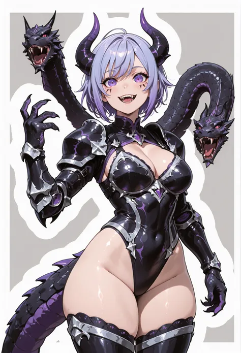 Girl in armor. Light armor. Spiky. Indigo hair. Short hair. Demon horns. Round eyes. Vampire teeth. Black armor. Dragon head growing from body. Two dragons. Black dragon. Eye decoration. Eye mark on lower abdomen. Monster arms. Scorpion tail. Thick thighs.