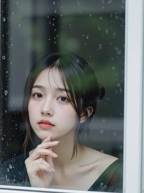 Strictly outdoor shot, camera outside only, modern Japanese house exterior, torrential rain, drenched rain-streaked window with frame, single cute Japanese woman inside, soft delicate face, fingers touching inner glass, natural pose, house dominates, woman...