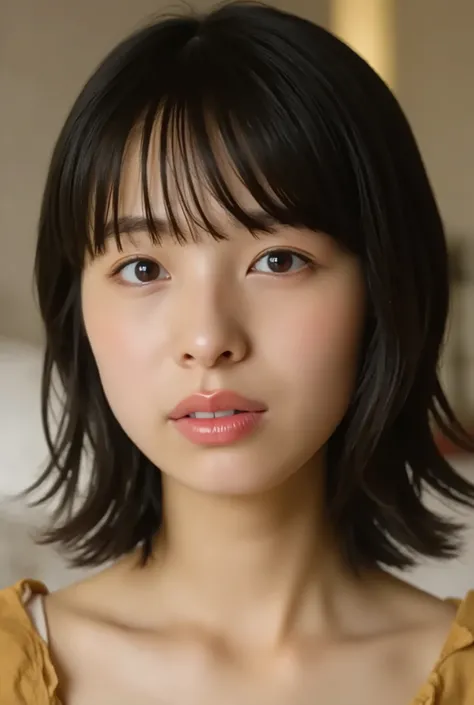 (( Best Quality )), ((masterpiece)), ( details), Japanese, first person view ,one girl on her back, Voluptuous women, sexy,( in the bedroom),((( abnormally large breasts , Completely naked, short bob hair))), black hair with a young patte...