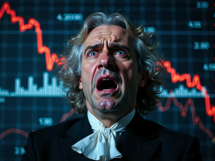 (wide angle:1.5),portrait of Isaac Newton ,financial chart background, Newton is nothing but screaming, the financial chart with a downward-trending red line, indicating a decline in stock prices. The chart is overlaid with various bars and numerical data,...